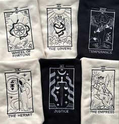 Six tarot card designs on sweaters, wheel of fortune, the lovers, temperance, the hermit, justice and temperance. Embroidery Tarot Cards, Tarot Embroidery Pattern, Hozier Print, Tarot Card Embroidery, Tarot Fashion, Pant Embroidery