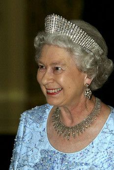 The Russian Kokoshnik Tiara; c. 1888. Worn by HM Queen Elizabeth II of Great Britain. It also appears that the queen is wearing the Russian Fringe Tiara as a necklace in this photo. The Queen Of England, Queen Alexandra, Royal Crowns, Royal Tiaras