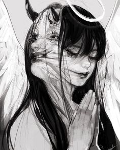 a drawing of a woman with angel wings on her head holding a cell phone to her ear