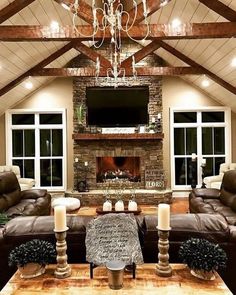 a living room filled with furniture and a fire place in the middle of a room