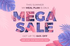 the mega sale banner is shown with tropical leaves and palm trees on pink paper background