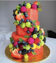 a three tiered cake with fruit on top