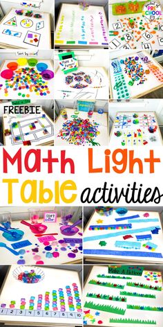 many different pictures of colorful paper and crafting materials with the words math light table activities