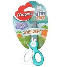 a pair of scissors that are blue and white with the words maped kid cut on it