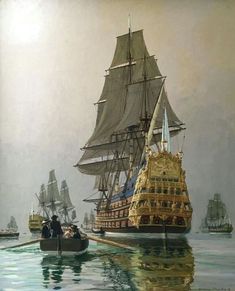 an oil painting of people in a rowboat on the water next to a large sailing ship