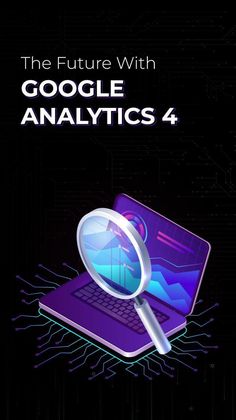 the future with google analytics 4 book cover is shown on a black background and has a magnifying glass in front of it