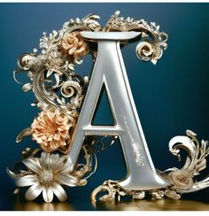 the letter a is surrounded by flowers and leaves