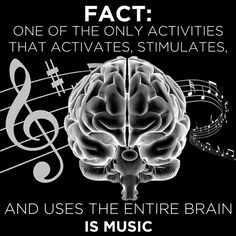 a black and white poster with music notes on it that says fact one of the only activities that activates simulates, and uses the entire brain is music