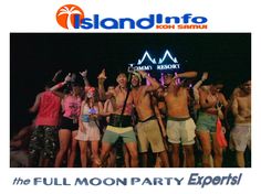 a group of people standing next to each other in front of a sign that reads full moon party expo