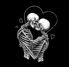 two skeletons holding each other in the shape of a heart