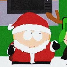 an animated image of a santa clause and a person in front of a television screen