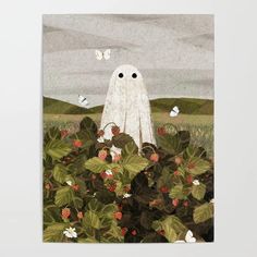 a cutting board with an image of a ghost in the middle of flowers