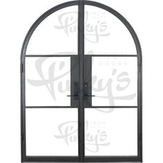 an arched glass door with black frame and clear glass on the bottom, in front of a white background