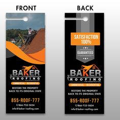 two door hangers with an image of a man on a roof and the words baker roofing