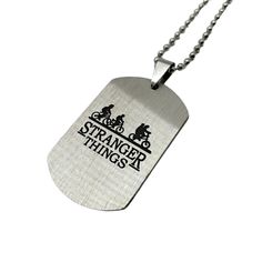 Stranger Things Netflix Show Dog Tag Necklace Military Style Bicycle Design Looks Fashionable Great Gift For Your Friends Or Family Titanium Steel Made Of High Quality Material, Delicate Workmanship 2 Prong Clasp Chain Is Approximately 12 Inches Long Color May Differ Slightly Due To Lighting Netflix Tv Show Stranger Things Apparel Eleven Dustin Henderson Billy Hargrove Mike Wheeler Stranger Things Jewelry, Dustin Henderson, Billy Hargrove, Military Color, Mike Wheeler, Dog Tags Military, Netflix Show, Netflix Tv, Strange Things