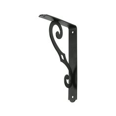 an iron shelf bracket with scroll design on the front and back ends, in black