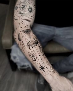 a man's arm with many different things on it and his face in the middle