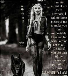 a woman walking down a path next to a black and white photo with the words i am who i am