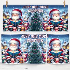 two christmas cards with santa claus and other animals in front of a christmas tree, one is