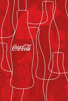 coca - cola bottles are lined up against a red background with white lines in the middle