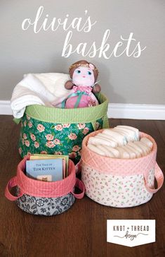 Olivia's Baskets sewing pattern from Knot + Thread Designs shows you how to make multi-purpose reversible baskets. They are easy to construct and will make a great addition to any room in your home. These pattern includes directions for the baskets to be made in three sizes -- perfect for all of your storage needs. Knot Thread, Basket Sewing Pattern, Thread Design, Fat Quarter Quilt, Fabric Baskets, Fabric Storage, Pdf Patterns, Learn To Sew, Baby Items