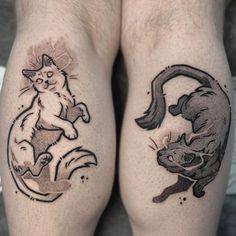 two tattoos on the legs of people with cats