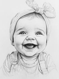 a pencil drawing of a smiling baby