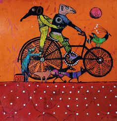 a painting of a person riding a bike with birds on it