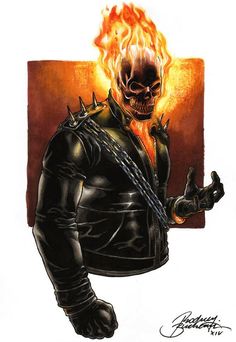 a drawing of a skeleton in black leather with flames coming out of his chest and hands