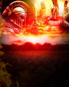 two men in armor standing next to each other with flames coming out of their faces