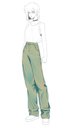 a drawing of a person with white hair wearing green pants and a white shirt, standing in