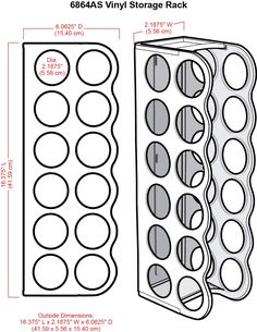 the side and back view of a plastic storage rack, with measurements for each section