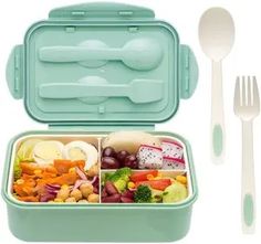 a green lunch box with utensils and spoons next to it on a white background