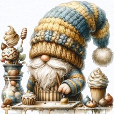 an image of a painting of a santa clause with cupcakes and other items