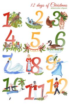 the twelve days of christmas with numbers and animals on it's sides, including an image