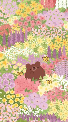 a brown bear surrounded by lots of flowers and bees on a green field with yellow, pink, purple, and white daisies