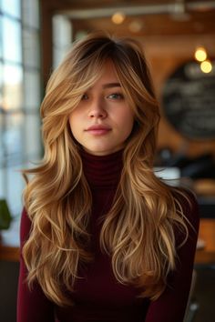 Long layered haircut with side bangs Side Bangs With Long Hair, Long Hair Ideas, Side Bangs Hairstyles, Long Hair With Bangs