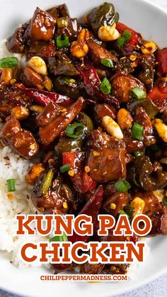 Closeup of the delicious kung pao chicken recipe served in a big white bowl. Chinese Beef Recipes, Stir Fried Chicken, Chinese Chicken Recipes, Homemade Chinese Food, Chinese Stir Fry, Fried Chicken Recipe, Chinese Cooking Recipes, Easy Chinese Recipes