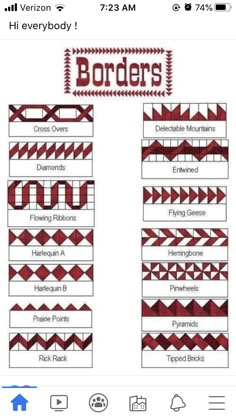 the pattern for borders is shown in red and white, with an arrow on it