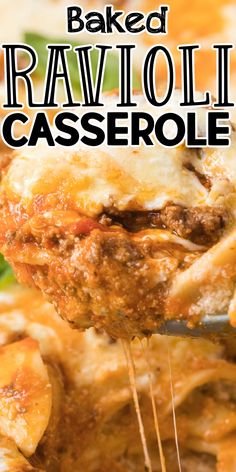 baked ravioli casserole on a spatula with text overlay