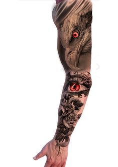 an arm with tattoos on it and two red eyes in the middle, one being held up