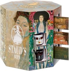 a box that has some bottles inside of it with paintings on the side and sides