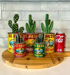 four cans with cactus plants in them on a wooden tray