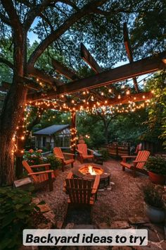 an outdoor fire pit surrounded by wooden chairs and string lights with the words backyard ideas to try