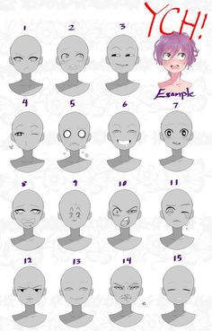 an anime character's head with different facial expressions and hair styles for each face