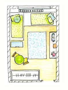 a drawing of a bedroom with a bed and desk