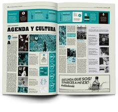 an open magazine with pictures and text on the front page, including images of people