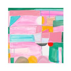 an abstract painting with pink, yellow and green colors on it's surface is shown