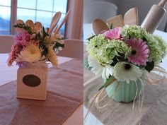 two vases filled with flowers on top of a table