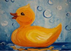 a painting of a yellow rubber duck floating in the water with bubbles on it's surface